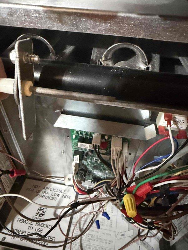 Performed heating maintenance and combustion analysis on gas furnace. Conducted comprehensive gas analysis testing using calibrated combustion analyzer, recording oxygen levels at 9.13%, carbon monoxide at 26 ppm, and carbon dioxide at 6.60%. Inspected internal furnace components including control board, ignition system, and gas valve assembly; verified all electrical connections and wire harnesses were secure and properly terminated.