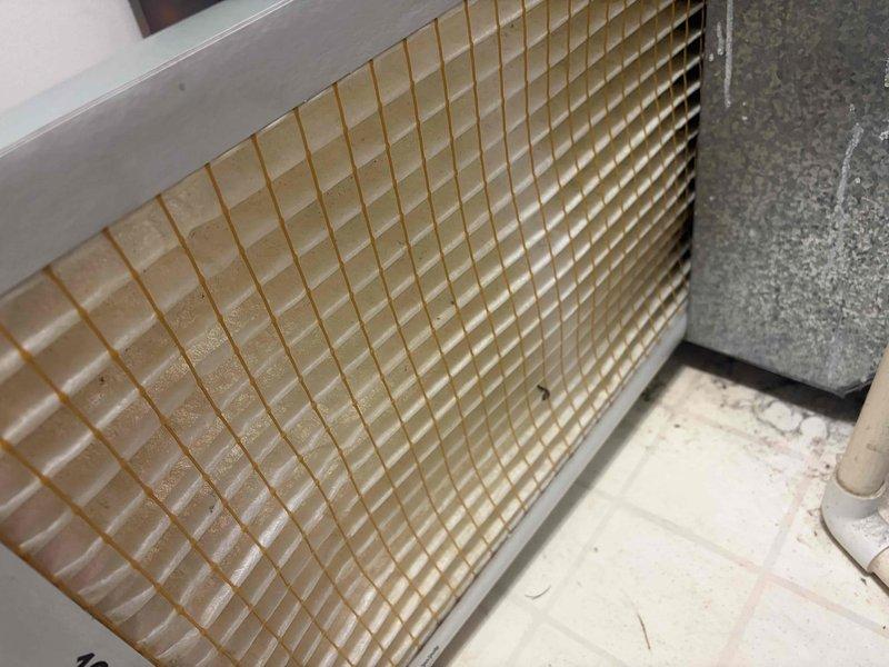 Completed routine cooling maintenance member visit on HVAC system. Inspected and photographed air filter assembly, which showed pleated filter media in good working condition with minimal dust accumulation. Filter remains serviceable within acceptable operational parameters for continued system efficiency.