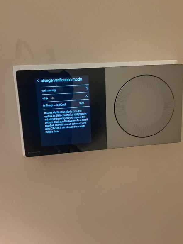Completed full HVAC system installation and performed charge verification procedures using wireless refrigerant scale to ensure proper subcooling levels within manufacturer specifications. System tested and commissioned with smart thermostat programmed and operational, confirming all equipment functioning correctly.
