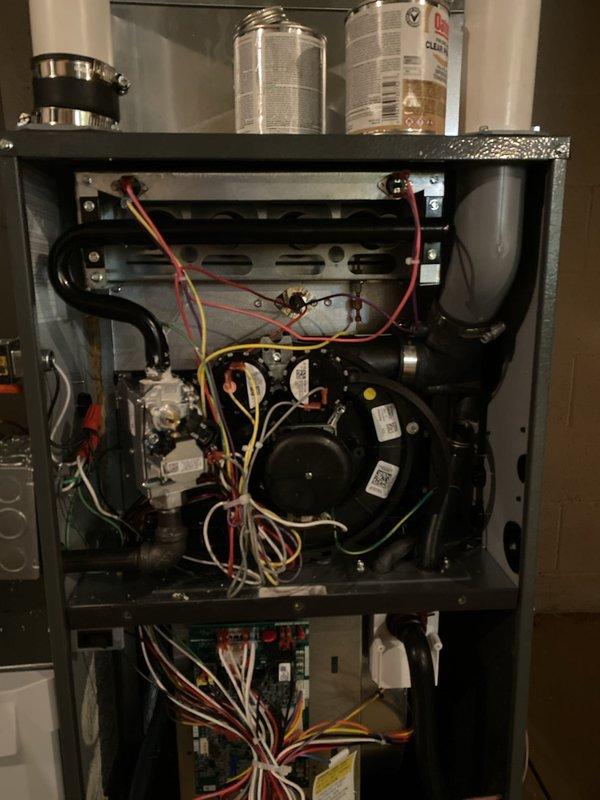 # HVAC Install - Furnace

Completed installation of Amana 80,000 BTU single-stage furnace with 96% AFUE efficiency rating. Verified all electrical connections, tested blower motor operation, and confirmed proper system pressures using diagnostic equipment, with readings stabilizing at 350 and 349 units. All components functioning within manufacturer specifications and unit operational.