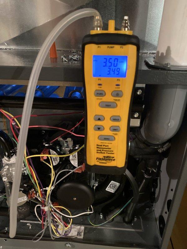 # HVAC Install - Furnace

Completed installation of Amana 80,000 BTU single-stage furnace with 96% AFUE efficiency rating. Verified all electrical connections, tested blower motor operation, and confirmed proper system pressures using diagnostic equipment, with readings stabilizing at 350 and 349 units. All components functioning within manufacturer specifications and unit operational.