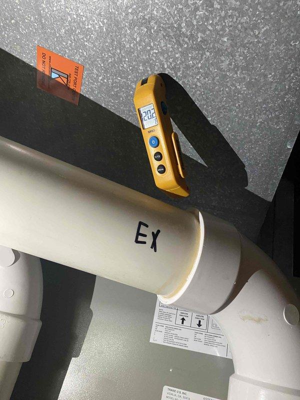 Completed heating system start-up and maintenance inspection for club member's air handler unit. Performed temperature differential measurements across the system, recording supply air temperature of 30.6°F and verifying proper airflow with delta readings of 12.2°F, confirming equipment is operating within manufacturer specifications and ready for the heating season.