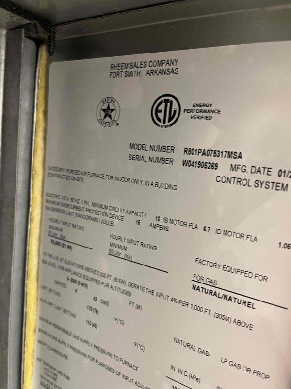 Completed maintenance service on Rheem furnace model R801PA075317MSA. Installed Remi Halo air purification system and performed comprehensive system inspection, documenting equipment specifications and control board configuration for service records.