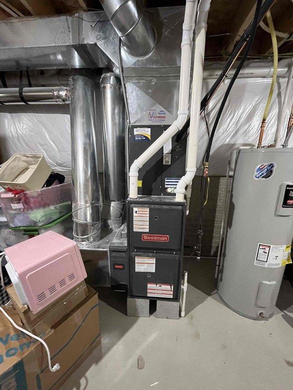 Responded to no cooling complaint following customer's installation of smart thermostat. Upon inspection, verified heating system operational with Goodman furnace functioning properly. Diagnosed thermostat wiring configuration issue preventing air handler from receiving cooling call signal. Corrected thermostat wire connections at air handler terminal block to restore proper communication between thermostat and HVAC system. Verified all connections secure at both thermostat and equipment. Cycled system through heating and cooling modes to confirm proper operation. All systems now functioning as designed with both heating and cooling operational.