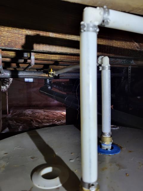 Responded to customer's home for a leak in the crawl space and no hot water. After evaluation, found the water lines connecting to the water heater were leaking. The water heater is also very old and leaking but the customer wanted to only repair the water lines for now then have us come back at a later date to replace the water heater. We installed new hot and cold water lines from the water heater with a new shut off valve as well. When we return we will credit part of today's visit towards the water heater replacement since we upgraded the water lines and shut off valve. 