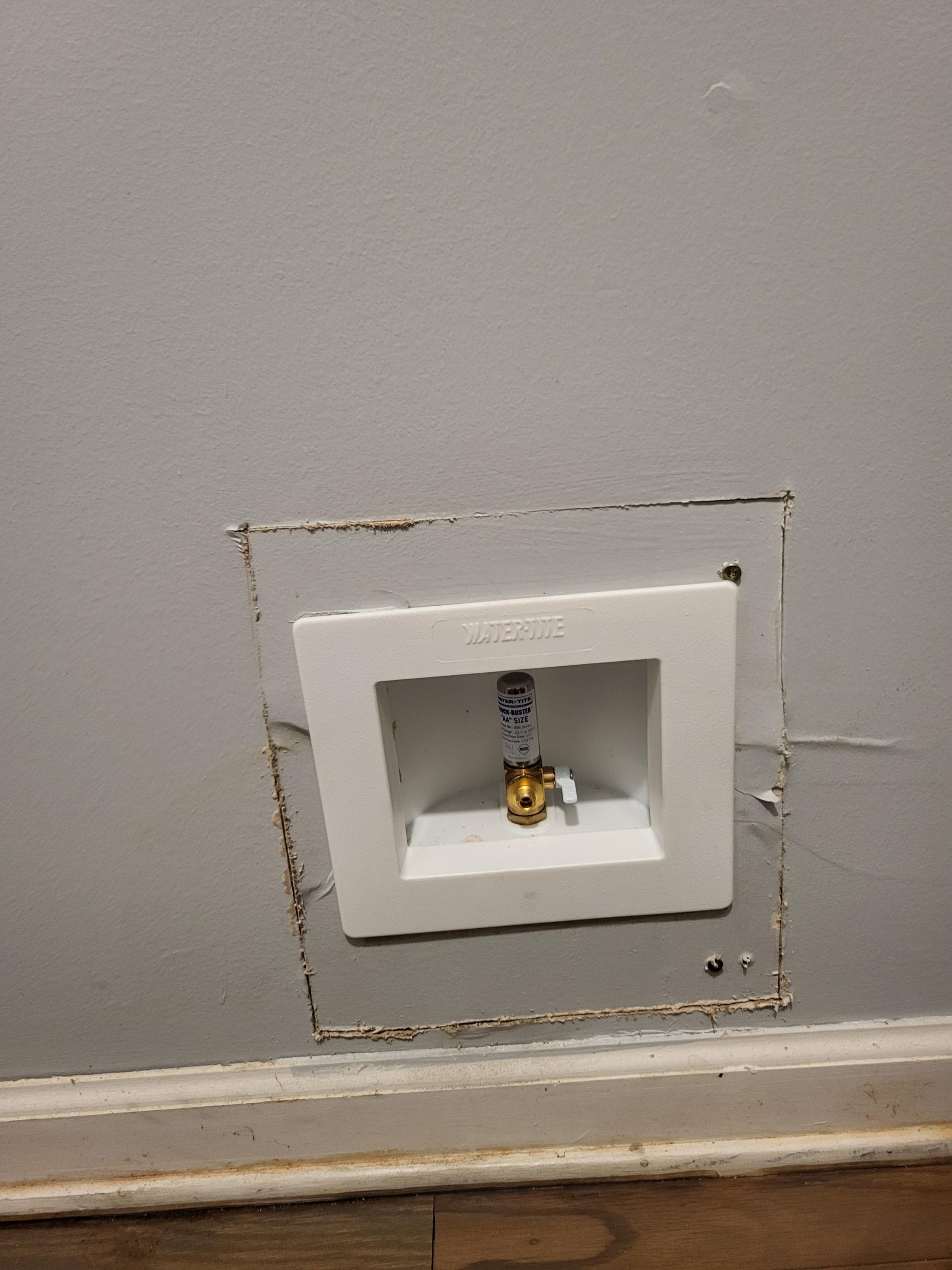 Kennesaw, GA - The ice maker box leaks from the on and off handle. we cut sheetrock, replaced the box and secured it to the stud. we put the sheetrock back and tested for leaks. Kennesaw, GA - The ice maker box leaks from the on and off handle. we cut sheetrock, replaced the box and secured it to the stud. we put the sheetrock back and tested for leaks.