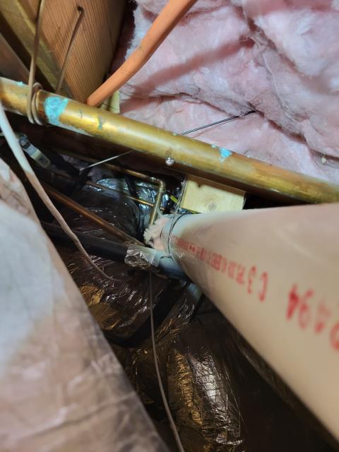 Responded to customer's home for a leak in the ceiling. Once on site, we found where the pex water line transition into copper piping is leaking at the copper pipe. We cut out and removed the leaking section of copper pipe and installed a new section of pex water line to resolve the issue. Responded to customer's home for a leak in the ceiling. Once on site, we found where the pex water line transition into copper piping is leaking at the copper pipe. We cut out and removed the leaking section of copper pipe and installed a new section of pex water line to resolve the issue.