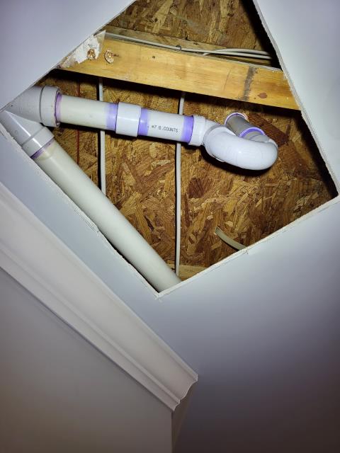 Acworth, GA - Our customer contacted us after noticing a water leak coming through the sheetrock ceiling below their upstairs bathtub. Upon inspection, we found that the existing PVC tub trap had not been glued during the original installation, causing it to come loose and leak over time. We removed the faulty trap and installed a new, properly sealed PVC trap to prevent any future issues. After completing the repair, we tested the drain system to confirm leak-free operation. The ceiling leak has now been resolved and the bathtub is functioning as it should.
Acworth, GA - Our customer contacted us after noticing a water leak coming through the sheetrock ceiling below their upstairs bathtub. Upon inspection, we found that the existing PVC tub trap had not been glued during the original installation, causing it to come loose and leak over time. We removed the faulty trap and installed a new, properly sealed PVC trap to prevent any future issues. After completing the repair, we tested the drain system to confirm leak-free operation. The ceiling leak has now been resolved and the bathtub is functioning as it should.