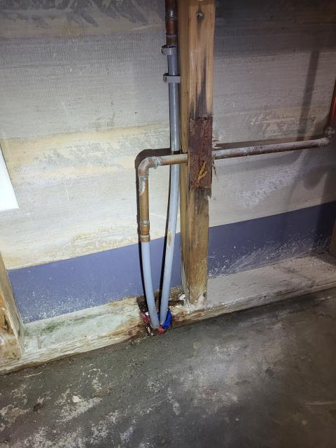 We recently responded to customer's home for a leak coming up from his garage floor. Once on site, we determined that the grey poly water line has a pin hole leak right before it goes into the concrete slab floor. We provided customer with a quote to make the repairs and returned today to perform this work. Once on site, we were unable to get a proper connection on the existing grey poly and had to chip up a small section of the concrete flooring to access a good piece of grey poly piping to make repair. Once piping was accessible, we were able to cut out the leaking section of grey poly pipe and installed a new piece of PEX piping. After repair was made, we repoured concrete to a rough finish. We recently responded to customer's home for a leak coming up from his garage floor. Once on site, we determined that the grey poly water line has a pin hole leak right before it goes into the concrete slab floor. We provided customer with a quote to make the repairs and returned today to perform this work. Once on site, we were unable to get a proper connection on the existing grey poly and had to chip up a small section of the concrete flooring to access a good piece of grey poly piping to make repair. Once piping was accessible, we were able to cut out the leaking section of grey poly pipe and installed a new piece of PEX piping. After repair was made, we repoured concrete to a rough finish.