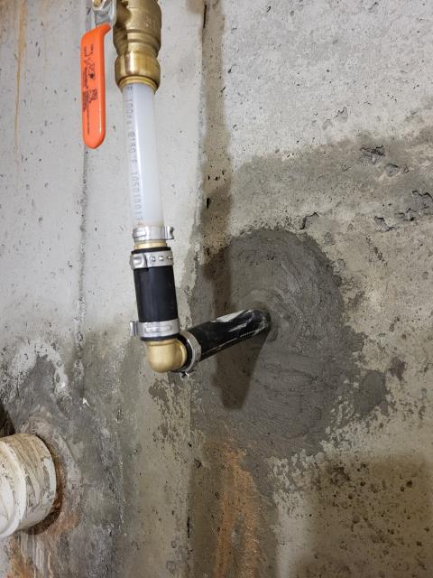 We came out to our customers home to investigate water seeping into the basement around the water service line. Once onsite, after performing inspection we determined we found the source of the leak. The water line was leaking inside the foundation wall where it meets the concrete. We replaced the damaged section of the pipe going through the foundation. After installation, we tested for leak free operation.
