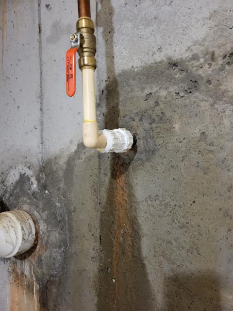 We came out to our customers home to investigate water seeping into the basement around the water service line. Once onsite, after performing inspection we determined we found the source of the leak. The water line was leaking inside the foundation wall where it meets the concrete. We replaced the damaged section of the pipe going through the foundation. After installation, we tested for leak free operation.