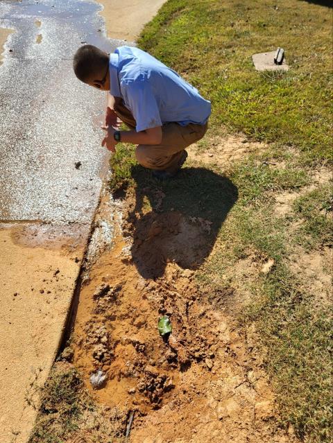 We were called out for a water leak showing up as standing water in the yard beside the driveway. Once onsite, after digging and tracing the water line, we confirmed the leak isn't in the open yard area but rather underneath the driveway slab. We provided an estimate for repair and will return to complete work once it's approved.