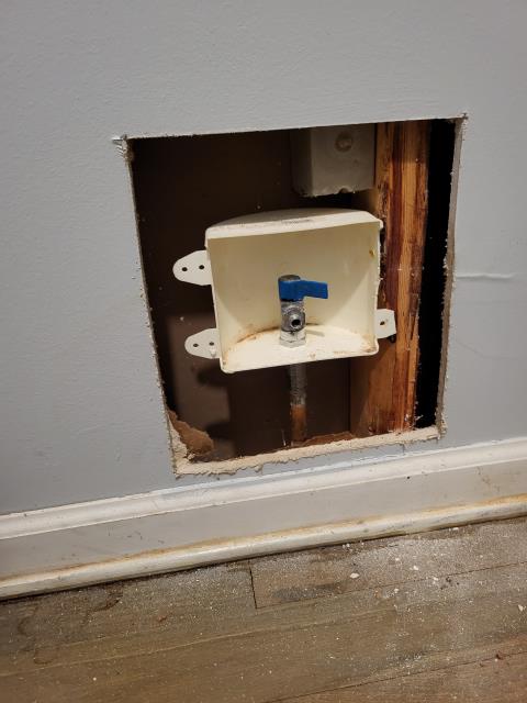 We responded to our customer due to a leaking icemaker box that was dripping from the on and off handle. Once onsite, we inspected the are and we determined the existing box need to be replaced to prevent further water damage. We cut out the sheetrock around the box to access the plumbing connection. We took out the old icemaker box then installed a new icemaker box and secured it to the wall. Once the repair was complete, we set back the sheetrock around the icemaker. We then turned back on the water and performed a test for leak free operation.