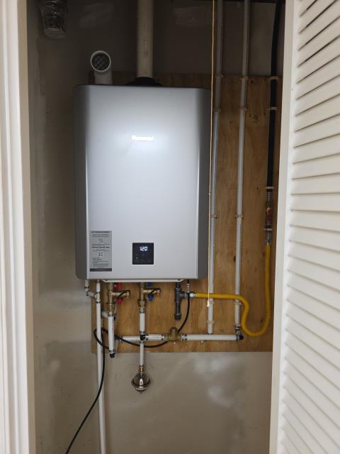 We responded to our customer due to installing a new Rinnai tankless water heater. Once onsite, we removed the old water heater and replaced it with a new Rinnai tankless water heater. During our visit we also installed a new 3/4" pressure reducing valve (PRV) on the main water line to ensure proper and consistent water pressure. We installed a 3/4" Moen Flo smart water monitor and automatic shut off valve on the main water line. And lastly we replaced the existing 1/2" hose bibb with a new one to prevent drips and ensure reliable outside water access. Once all installations were complete, we tested the system for leak free operation as well as proper operation of the tankless heater and all new componenents. We responded to our customer due to installing a new Rinnai tankless water heater. Once onsite, we removed the old water heater and replaced it with a new Rinnai tankless water heater. During our visit we also installed a new 3/4" pressure reducing valve (PRV) on the main water line to ensure proper and consistent water pressure. We installed a 3/4" Moen Flo smart water monitor and automatic shut off valve on the main water line. And lastly we replaced the existing 1/2" hose bibb with a new one to prevent drips and ensure reliable outside water access. Once all installations were complete, we tested the system for leak free operation as well as proper operation of the tankless heater and all new componenents.