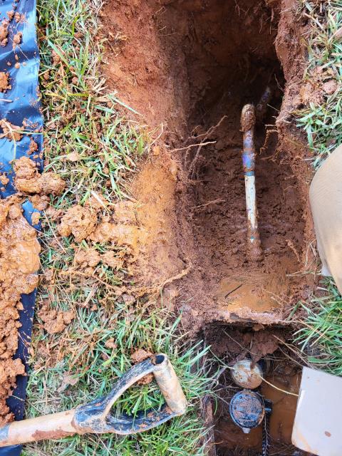 Our customer called about a water leak possibly coming from  the exterior water near the meter. Upon arrival, after locating the source we found the leak approximately two feet from the meter box. We dug up the area then cut the damaged portion of the pipe, and made the necessary repairs to restore full water service. Once the repair was complete, we tested the line for leak free operation.

