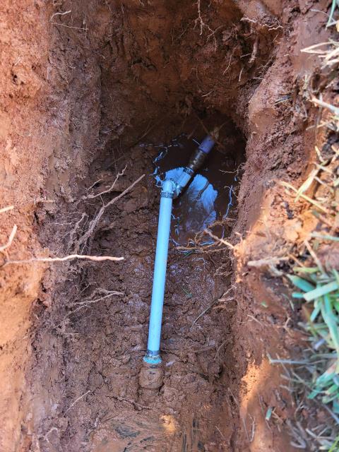 Our customer called about a water leak possibly coming from  the exterior water near the meter. Upon arrival, after locating the source we found the leak approximately two feet from the meter box. We dug up the area then cut the damaged portion of the pipe, and made the necessary repairs to restore full water service. Once the repair was complete, we tested the line for leak free operation.

