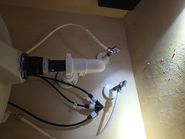 Responded to a call for a leak on the bathroom sink's water supply line. After evaluation, we removed the existing faucet supply lines and installed two new supply lines as well as updated the supply lines. We also removed a small debris stoppage in the bathroom sink to resolve sink stoppage issue and leak under bathroom sink issue. 