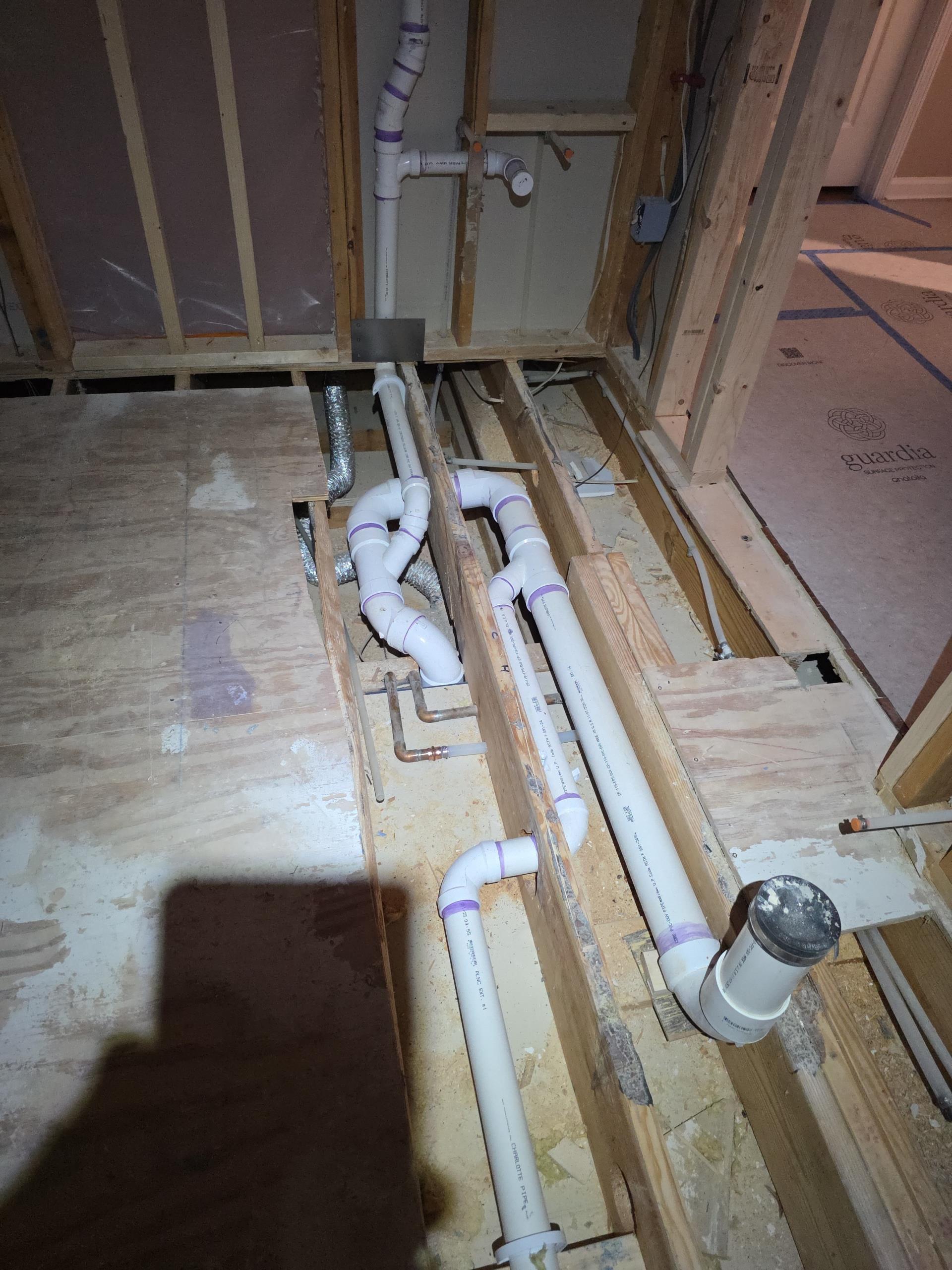 We responded to our customer due to completing a bathroom remodel and needed the full rough plumbing stage finished before moving onto the drywall and fixture installation. After evaluation we determined all new plumbing lines for the toilet, shower, lavatory, sink, and drain system needed to be properly laid out, secured, and brought up to code to support the upcoming finishes and fixtures. We completed the full rough in plumbing by installing and pressure testing all water supply lines, drain lines, venting, and necessary connections for the remodeled bathroom. Everything was set in place to meet plumbing code requirements and prepared for the next phase of construction. The bathroom rough plumbing stage is now complete, and the project is ready for inspections and finish work. 