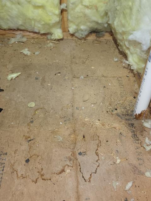 We responded to our customer home after they reported a water stain on the bathroom ceiling. Upon arrival, we inspected the area then cut open the affected drywall to inspect further the plumbing above. We thoroughly checked all visible water supply lines, drain lines, and fittings in the ceiling cavity and attic space for any active leaks or signs of moisture. During our inspection, we discovered that the staining was caused by shoe holes from foot traffic in the attic that penetrated the ceiling drywall, not a plumbing failure. There was no evidence of leaking pipes, condensation, or drain issues at this time. We confirmed that all components were dry and operating as intended. We reviewed this with our customer and advised that the damage is structural in nature rather than plumbing related. At this time, no plumbing repairs are needed.