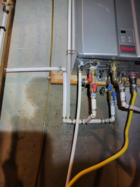 We responded to our customer after they noticed a leak in the basement near their tankless water heater. Upon arrival, we located the source of the leak, then we cut out the damaged section of of the pipe to prevent further water loss. Then we installed new PEX piping in place of the failed section, to provide a durable and long term solution. All connections were secured using proper fittings and support. Once the repair was completed, we restored water service and tested the line for leak free operation. Everything held pressure with no signs of dripping or moisture. The water line is now functioning as it should.