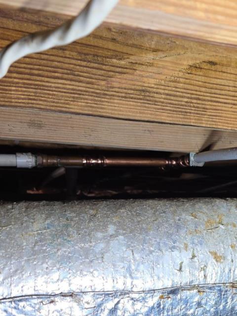 We responded to our customer in Dallas, GA after they reported a water leak in the crawlspace. Upon inspection, we found a pinhole leak in the copper water line. We removed the damaged section and replaced it with new PEX piping for a durable, leak free repair. After installation, we tested the line and confirmed everything is operating properly.