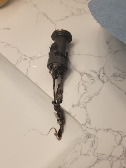 We responded to our customer in Marietta, GA for drain blockages affecting the toilet and lavatory sinks. We used a hand auger on the toilet to clear the clog and removed hair blockages from both lavatory sink drains. After clearing the obstructions, we ran water to confirm proper drainage. All fixtures are now draining freely and operating normally.