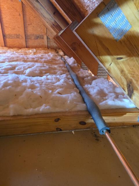 We responded to our customer in Dallas, GA after they experienced a freeze break in the attic on copper piping serving the garage hose bibbs. The customer noted this was a recurring issue, having happened multiple times on the same line. Upon inspection, we removed the damaged copper piping and replaced it with PEX piping, which is more resistant to freezing conditions. We also added insulation to help protect the line from future freeze damage. After completing the repair, we tested the system for proper, leak free operation. The line is now upgraded and better protected against future freeze breaks.