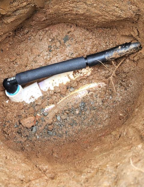We responded to our customer in Alpharetta, GA after they reported a leak in the sprinkler line under the turf. Upon inspection, we located a pinhole leak in an elbow fitting beneath the astro turf. We cut out the damaged section and replaced the faulty elbow to restore proper flow. After completing the repair, we turned the system back on and tested for leak free operation.
