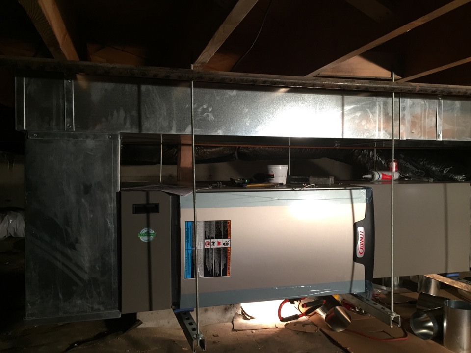 Replacing furnace and air conditioning system with a high efficiency Lennox furnace and air conditioner. Replacing ducting and vents. 