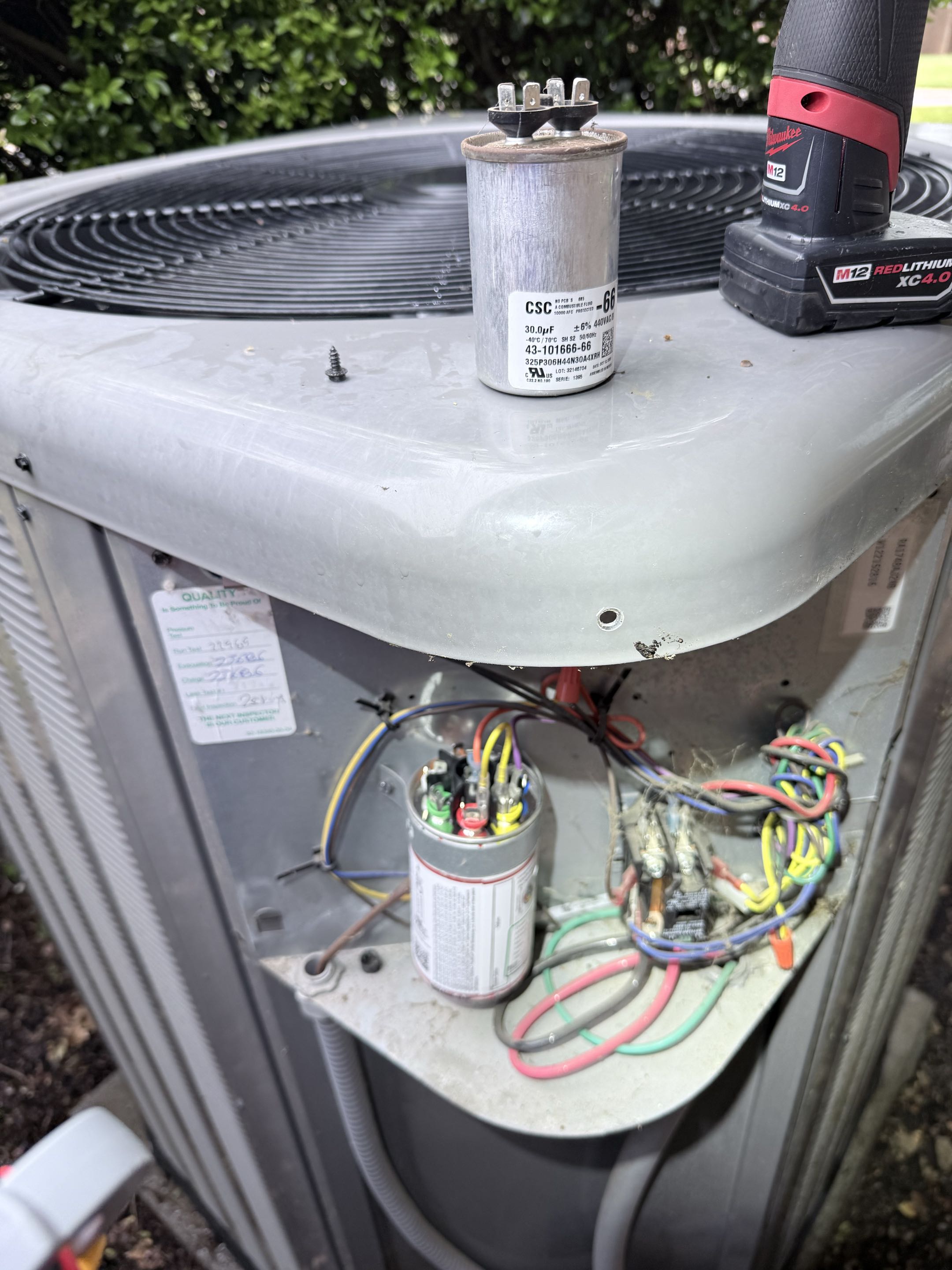 Arrived to home in Highland Village with no ac found condenser coil completely covered and start cap dead after giving unit a good clean and replacing start cap home is back cooling properly 