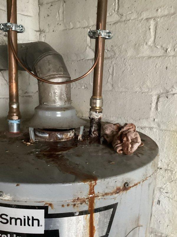 Inspected and replaced non-functioning sump pump in basement. Noted significant corrosion on existing water heater connections and T-junction pipe fitting with extensive rust formation and mineral deposits. Observed multiple plumbing leaks requiring attention including kitchen sink drain, bathroom sink drain, and bathroom faucet, but focused on sump pump replacement as primary service.