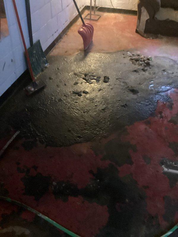 Responded to sewer line emergency during scheduled availability window. Upon arrival, performed visual inspection and diagnostic assessment of reported collapsed sewer line at street connection. Documented existing conditions with photographic evidence showing utility markings on pavement surface indicating underground infrastructure location and active water intrusion in basement area with standing water and floor deterioration. Confirmed sewer line failure requiring full replacement from structure to street connection. Provided professional assessment and documentation for complete sewer line replacement project.