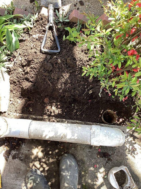 Responded to service call for garage ground drain requiring snaking. Accessed drain line located in garden area adjacent to concrete patio, performed excavation to expose PVC drain pipe, and successfully cleared blockage using mechanical snake equipment. Drain is now flowing properly and excavated area was prepared for restoration.