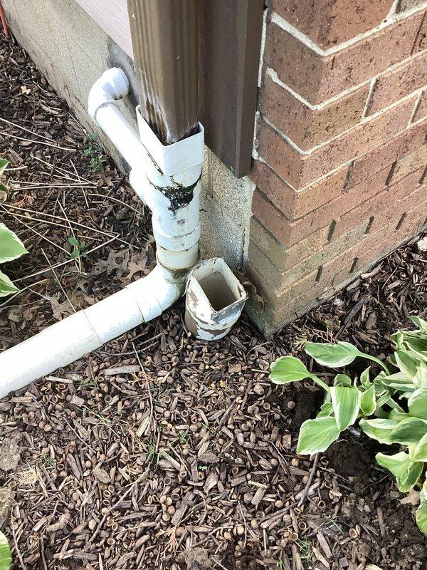 Responded to drainage issue at residential property with approximately 70-year-old home. Upon inspection, identified that downspout was disconnected from drainage system at exterior corner where brick wall meets concrete foundation. White PVC drainage pipes were present but not properly connected to the vertical gray metal downspout, preventing proper water diversion away from the foundation. Documented existing drainage configuration with photos showing the disconnected PVC pipe system running through landscaped area with hostas and mulch. Scheduled follow-up appointment for main drain service using jetter equipment to complete comprehensive drainage system maintenance.