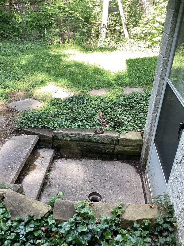 Responded to service call for clogged downspout drainage system. Upon arrival, found downspout discharge area heavily overgrown with vegetation, including dense ground cover obstructing proper water flow from foundation drainage. Cleared debris and vegetation from downspout outlet and surrounding drainage depression to restore proper water discharge away from building foundation.
