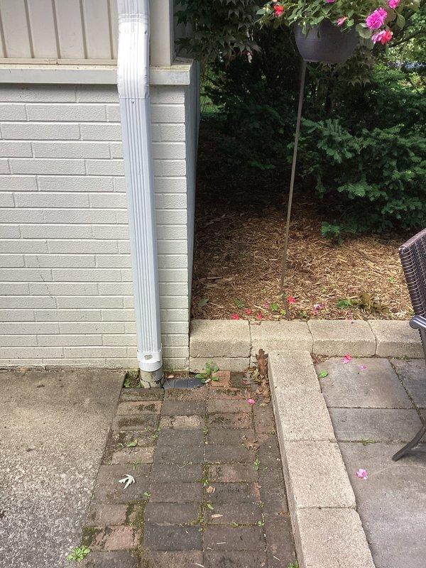 Performed drainage assessment and consultation with waterproofing contractor regarding potential sump line and footer drainage concerns. Documented exterior downspout conditions and surrounding paver area showing significant moss growth and weathering that may indicate drainage issues. Recommended camera inspection of downspout line to confirm proper flow and identify any blockages or connection problems affecting the drainage system.