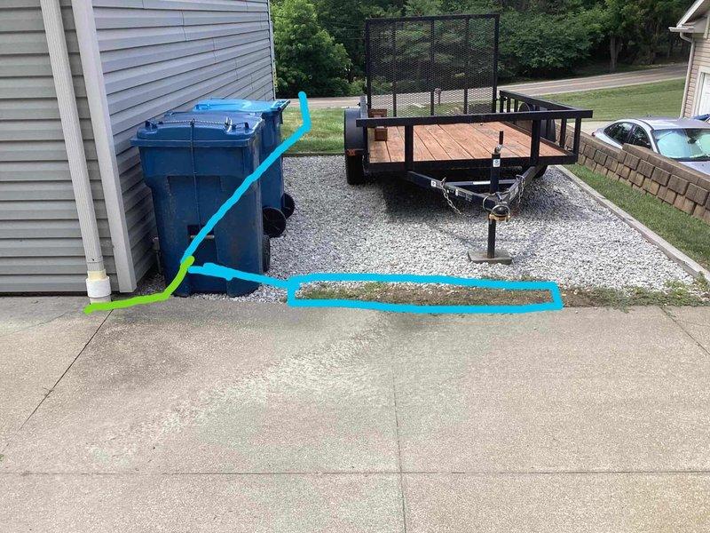 Conducted site assessment for downspout drainage system installation connecting to main drain line. Marked proposed underground drainage route from building downspout across lawn area to discharge point, measuring approximately 40-50 linear feet with curved path to accommodate existing landscape features and minimize disruption to established lawn and hardscape areas. Provided estimate for excavation, pipe installation, and proper grading to ensure effective stormwater management away from building foundation.