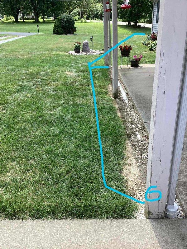 Conducted site assessment for downspout drainage system installation connecting to main drain line. Marked proposed underground drainage route from building downspout across lawn area to discharge point, measuring approximately 40-50 linear feet with curved path to accommodate existing landscape features and minimize disruption to established lawn and hardscape areas. Provided estimate for excavation, pipe installation, and proper grading to ensure effective stormwater management away from building foundation.