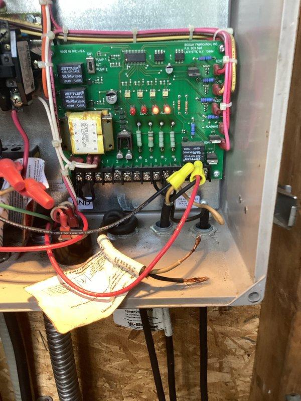 Responded to alarm condition on sewer pump system. Upon arrival, inspected the control panel and circuit board assembly manufactured by Relay Fabrication Inc., checking all electrical connections, relay operations, and alarm circuit functionality. Tested system components including power supply, transformer, and control relays to identify the source of the alarm condition. Verified proper wiring connections at terminal points and ensured all safety circuits were functioning correctly. System was evaluated and cleared for operation, with alarm condition resolved prior to business opening.
