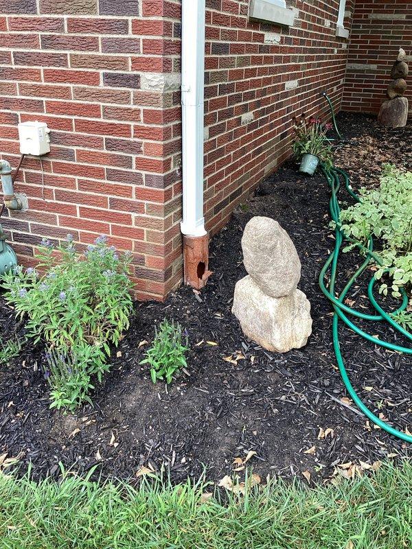 Responded to service call for clogged downspout system at residential property. Upon arrival, inspected exterior drainage components including white PVC downspout with terracotta elbow fitting at foundation level. Identified blockage preventing proper water flow through the downspout assembly. Cleared obstruction from downspout system to restore full drainage capacity. Additionally located and accessed underground drainage line via cleanout point in lawn area, as evidenced by exposed pipe opening. Utilized measuring equipment to assess depth and condition of subsurface drainage infrastructure. Verified proper flow through both above-ground downspout and below-grade drainage system upon completion of cleanout procedures.