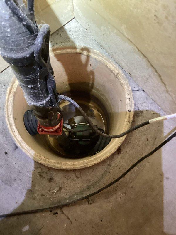 Responded to basement water infiltration complaint. Upon inspection, identified exterior foundation issues with significant moisture damage and staining on lower siding panels near ground level, indicating prolonged water exposure and potential drainage problems. Vegetation overgrowth against foundation was contributing to moisture retention. Inspected interior sump pump system and found unit operational with sediment-laden water in basin. Documented conditions with photographs showing exterior water damage patterns and sump pump functionality. Advised customer on necessary drainage improvements and vegetation management to prevent future water intrusion.