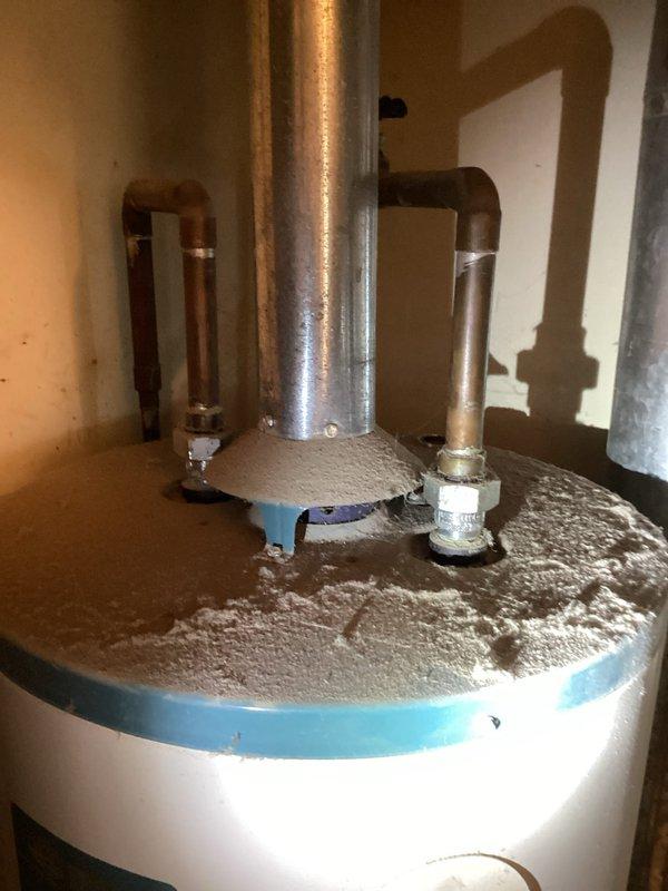 Conducted on-site evaluation of natural gas tanked water heater to provide replacement estimate. Unit assessed showed significant age-related deterioration including heavy dust and sediment accumulation on top panel, tarnished copper piping connections, and general wear throughout the system. Documented existing water heater specifications, model information, and current plumbing configuration including pressure relief valve, inlet/outlet connections, and venting system. Photographed unit condition and technical specification labels for accurate replacement sizing and equipment recommendations.