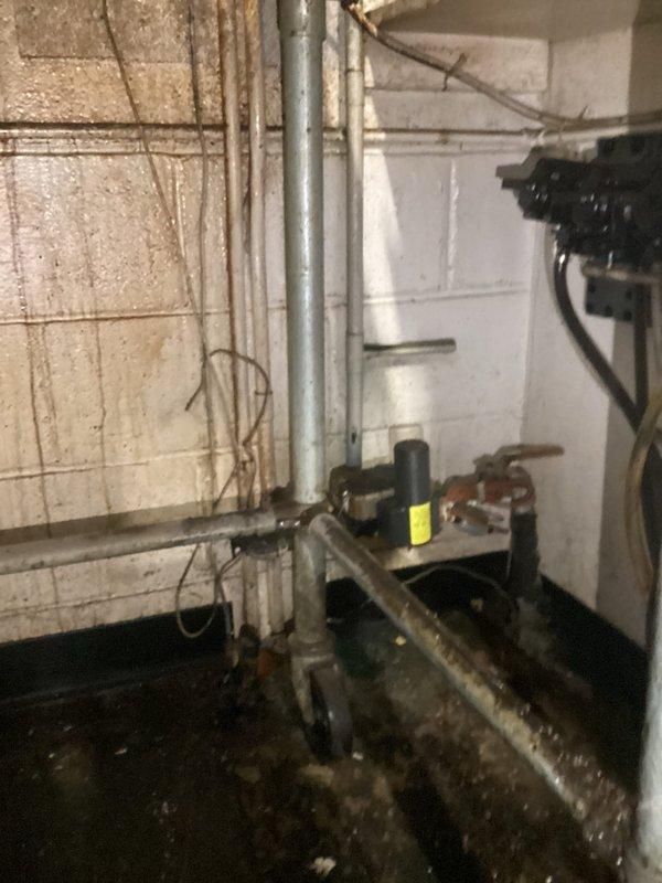 Completed commercial backflow preventer installation in basement utility area. Installed new backflow prevention assembly with appropriate fittings and connections to existing water supply system. Service call fee waived for installation. Confirmed appointment window and documented existing conditions showing aging plumbing infrastructure with galvanized and copper piping throughout mechanical room.