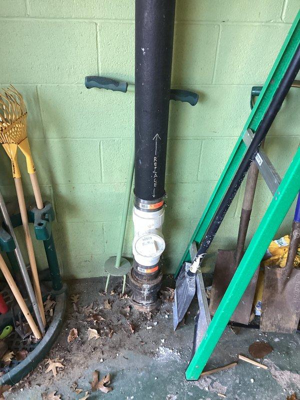 Responded to service call for evaluation of main soil stack running from garage to second floor. Inspected cast iron drainage line for potential damage or deterioration requiring repair or replacement. Documented current condition of plumbing system with photographic evidence for assessment and future reference.