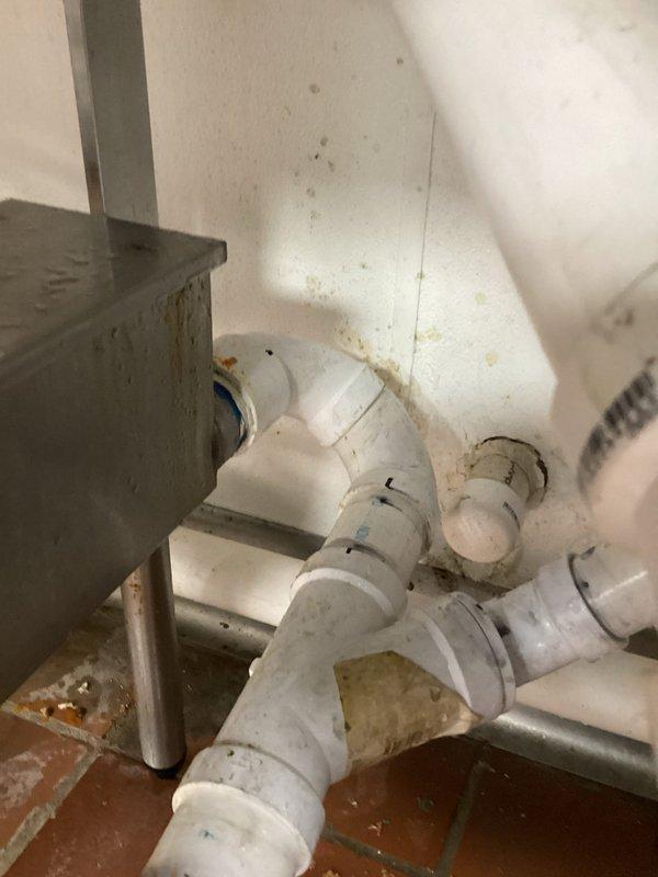 Responded to commercial property for dishwasher drain obstruction. Upon inspection, located clogged drain line in under-sink plumbing assembly consisting of white PVC piping with flexible coupling connection secured by metal hose clamps. Successfully cleared blockage from dishwasher drain system, restoring proper drainage function. Verified system operation and confirmed water flow through drain assembly without backup or restriction.
