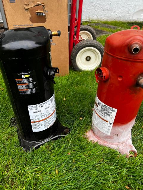 Completed compressor replacement on a heat pump system in Warminster, PA 18974. Recovered and disposed of old refrigerant, removed the faulty compressor, purged and flushed the system, and installed a new compressor with a biflow filter drier and acid neutralizer. Pulled a deep vacuum, recharged with fresh R-410A, and verified operation—the system is now running efficiently and backed by a 1-year parts and labor warranty.