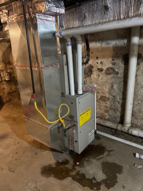 Responded to a service call in philadelphia, pa 19144 to inspect a system with drainage issues. Found that the vent pipes were improperly pitched and not glued, and the drain hoses inside the furnace were broken, causing leaks in the furnace cabinet. Also noted the condenser coil was heavily clogged and in need of chemical cleaning. Provided a full report and repair recommendations to restore system performance.