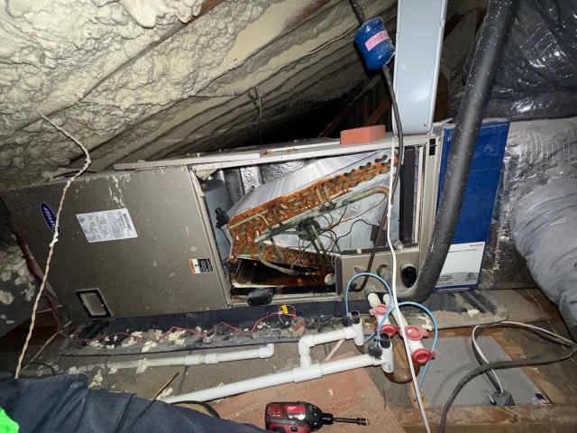 Completed a diagnostic visit to inspect the second-floor heat pump after the homeowner reported that it powers on but isn’t producing warm air. Our technician confirmed that the system is low on refrigerant and located a leak at the evaporative coil. The first-floor unit is operating normally, so the issue is isolated to the second-floor unit. Our customer was provided with a detailed explanation of the findings, including recommended repairs to restore proper heating. He appreciated the thorough assessment and clear guidance on next steps to get his system fully operational.