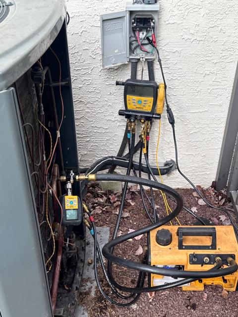 Performed a service visit in Northampton Township, PA 18966 to repair a refrigerant line on a heat pump unit. After completing the repair, we conducted a full system startup and evacuation procedure to remove air and moisture from the refrigeration circuit. The system was then recharged with pure R-410A refrigerant, and operation was checked to ensure proper pressures, temperature differentials, and overall performance. The heat pump is now running efficiently and reliably, ready to provide consistent heating and cooling for the home.