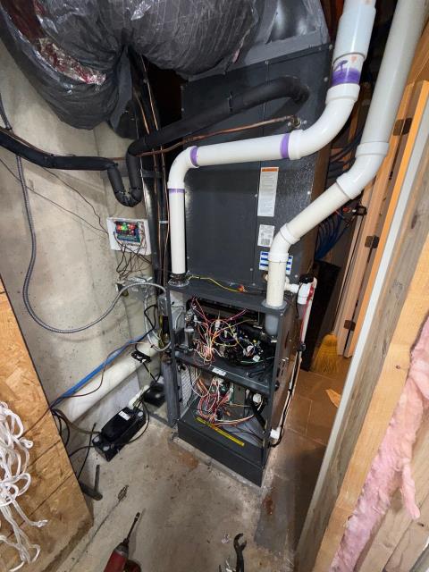 Completed the installation of a new goodman two-stage 96% afue furnace to replace their failed unit and improve comfort across a 4-story townhouse. The project included removing the old furnace, correcting return ductwork for proper airflow, connecting venting, gas, electrical, and control systems, and configuring the two-stage operation. Full airflow testing and combustion analysis were performed, providing quieter, smoother operation, reduced temperature swings, and improved efficiency, backed by a 10-year parts and 3-year labor warranty.